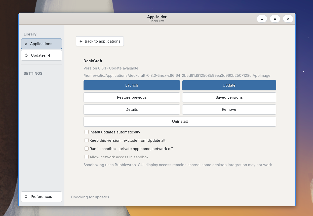 AppHolder application details with launch, update, rollback, sandbox, and version controls